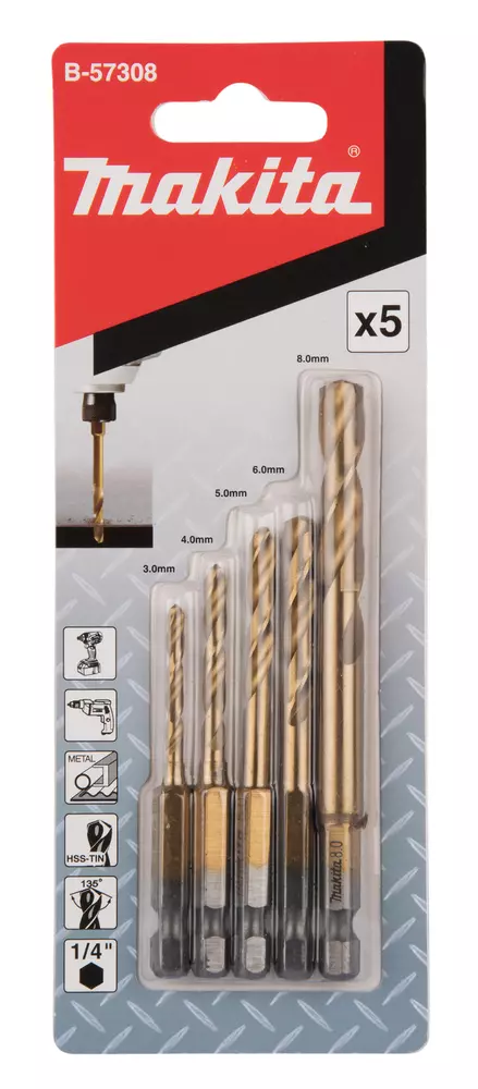Estuche de brocas para metal, HSS-TIN 1/4" Hex, 5 piezas MAKITA B-57308