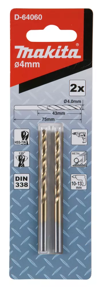 Broca de metal HSS-TiN Economy, 4,0 x 43 / 75 mm, 2 pcs MAKITA D-64060