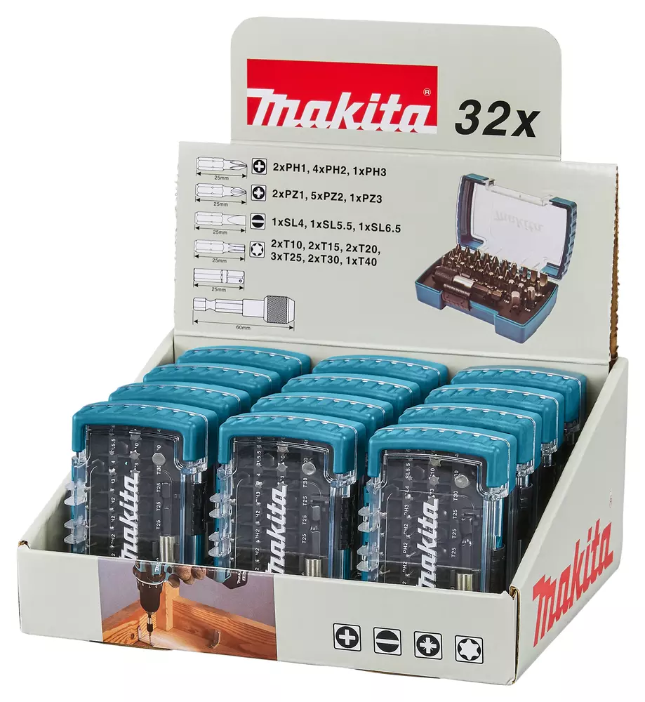 Estuche de puntas con 2 adaptadores, 32pcs, (12 estuches en expositor) MAKITA D-74762-12