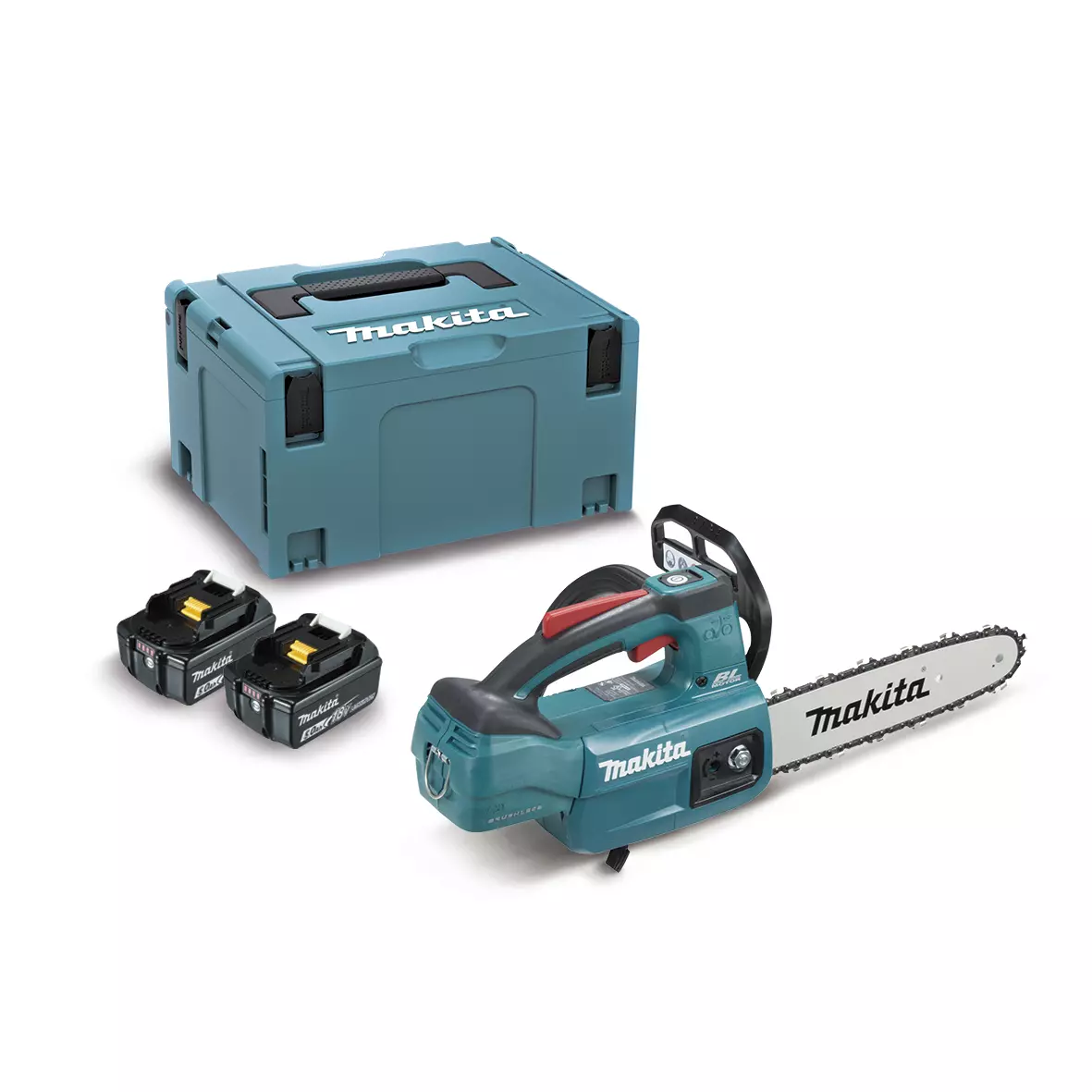 Sierra de cadena 25cm 18V LXT BL Kit 2 bater&iacute;as 5,0 Ah, cargador r&aacute;pido 2 puertos y malet&iacute;n Makpac